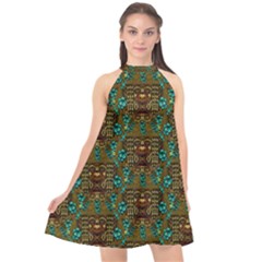 Artworks Pattern Leather Lady In Gold And Flowers Halter Neckline Chiffon Dress  by pepitasart