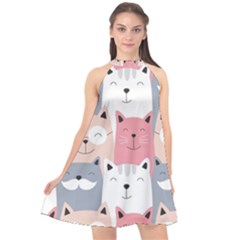 Cute Seamless Pattern With Cats Halter Neckline Chiffon Dress  by Jancukart