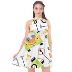 Seamless-pattern-vector-illustration-vehicles-cartoon Halter Neckline Chiffon Dress  by Jancukart