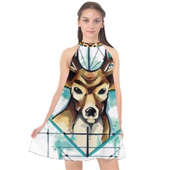 Deer-unicorn-tattoo-drawing-vector-watercolor Halter Neckline Chiffon Dress  by Jancukart