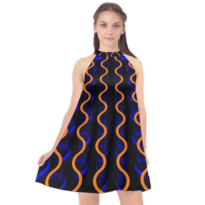 Pattern abstract wwallpaper waves Halter Neckline Chiffon Dress 