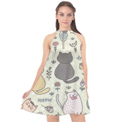 Funny Cartoon Cats Seamless Pattern Halter Neckline Chiffon Dress  by Jancukart