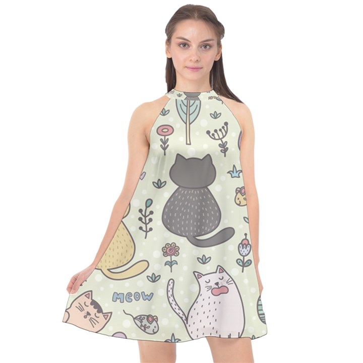 Funny Cartoon Cats Seamless Pattern Halter Neckline Chiffon Dress 