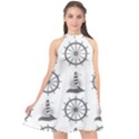 Marine-nautical-seamless-pattern-with-vintage-lighthouse-wheel Halter Neckline Chiffon Dress  View1