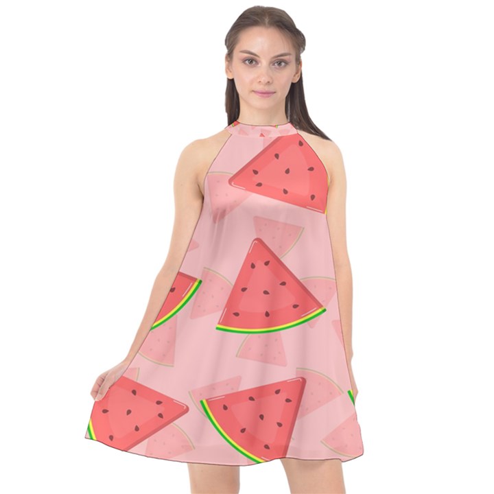 Background Watermelon Pattern Fruit Food Sweet Halter Neckline Chiffon Dress 