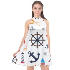 Marine Nautical Seamless Lifebuoy Anchor Pattern Halter Neckline Chiffon Dress  by Jancukart