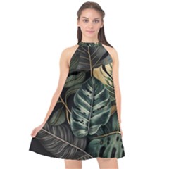 Tropical Leaves Foliage Monstera Nature Home Halter Neckline Chiffon Dress  by Jancukart