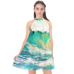 Waves Ocean Sea Tsunami Nautical 90 Halter Neckline Chiffon Dress  by Jancukart