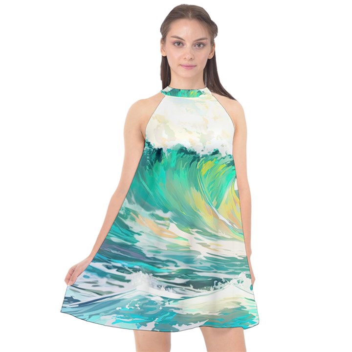 Waves Ocean Sea Tsunami Nautical 90 Halter Neckline Chiffon Dress 