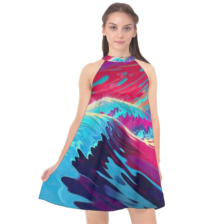 Tsunami Waves Ocean Sea Nautical Nature Water Blue Pink Halter Neckline Chiffon Dress 