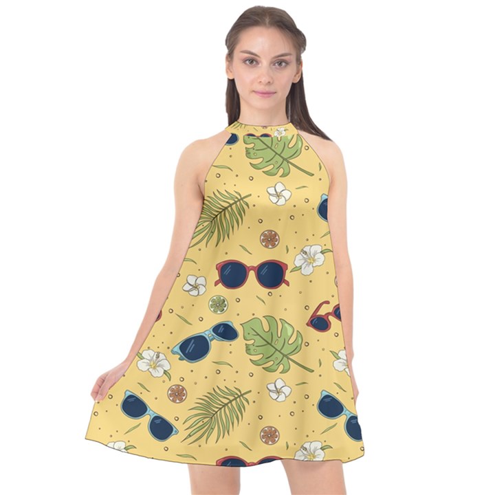 Seamless Pattern Of Sunglasses Tropical Leaves And Flowers Halter Neckline Chiffon Dress 