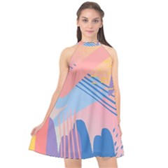 Abstract Lines Dots Pattern Purple Pink Blue Halter Neckline Chiffon Dress  by Maspions