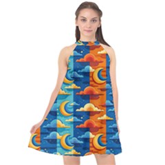 Clouds Stars Sky Moon Day And Night Background Wallpaper Halter Neckline Chiffon Dress  by Maspions