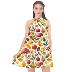 Mushroom Autumn Fall Halter Neckline Chiffon Dress  by Maspions