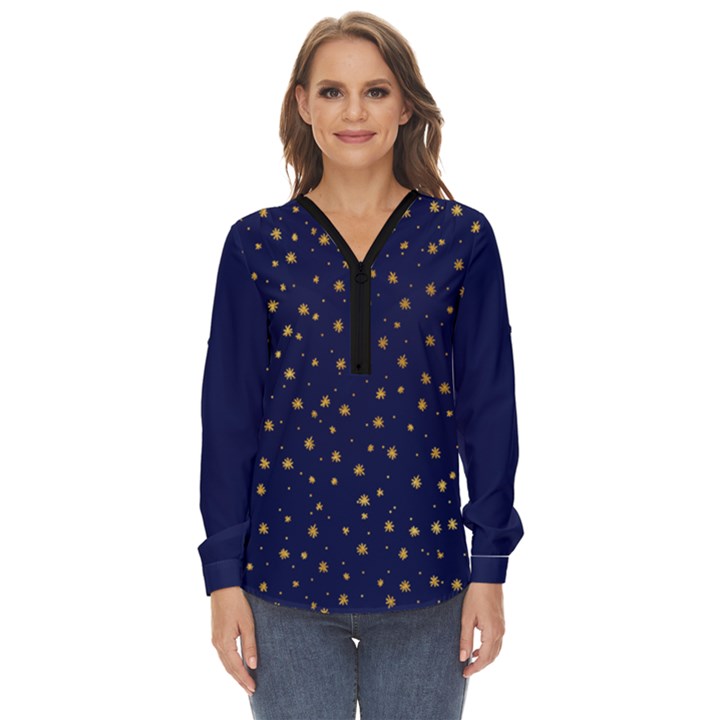 pattern seamless gold stars Zip Up Long Sleeve Blouse