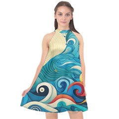 Waves Wave Ocean Sea Abstract Whimsical Halter Neckline Chiffon Dress  by Maspions