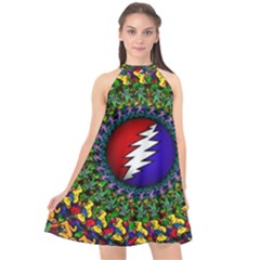 Grateful Dead Bear Pattern Halter Neckline Chiffon Dress  by Maspions