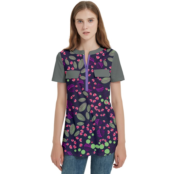 Summer Floral 2 Women s Zip Front V-Neck Short Sleeve Casual Top Pocket Shirt