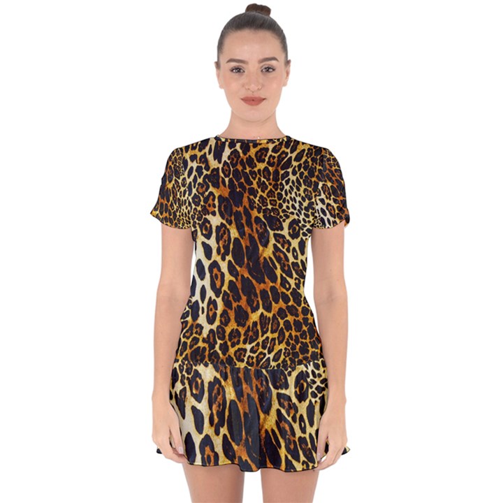 Leopard Skin Texture, Macro, Brown Drop Hem Mini Chiffon Dress