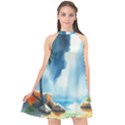 Delicate Watercolor Painting Surreal Oasis Scene With Intense Dramatic Lighting Halter Neckline Chiffon Dress  View1