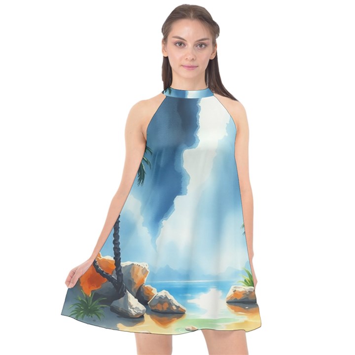 Delicate Watercolor Painting Surreal Oasis Scene With Intense Dramatic Lighting Halter Neckline Chiffon Dress 