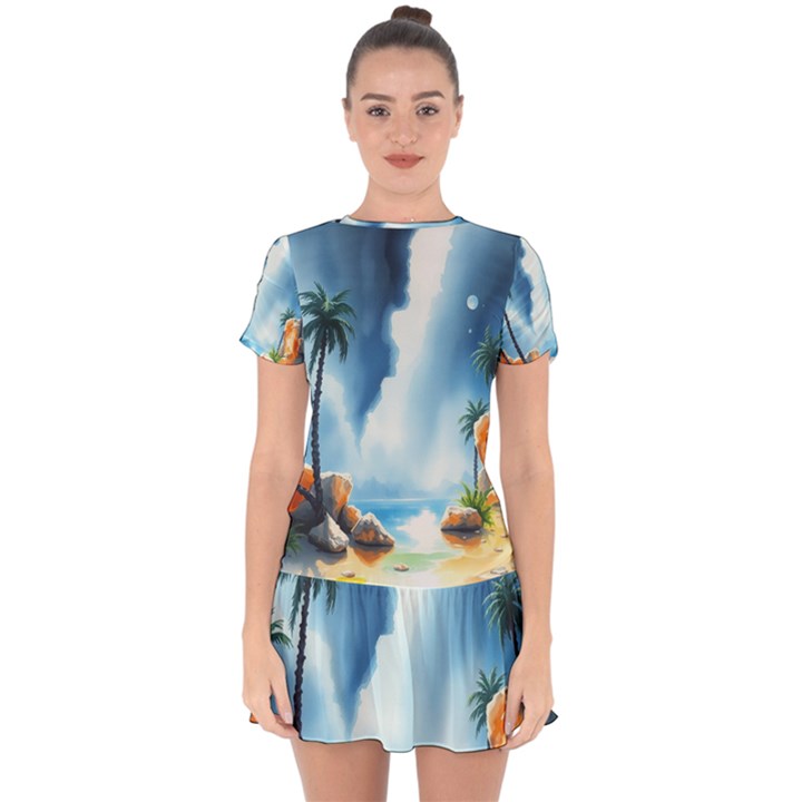 Delicate Watercolor Painting Surreal Oasis Scene With Intense Dramatic Lighting Drop Hem Mini Chiffon Dress