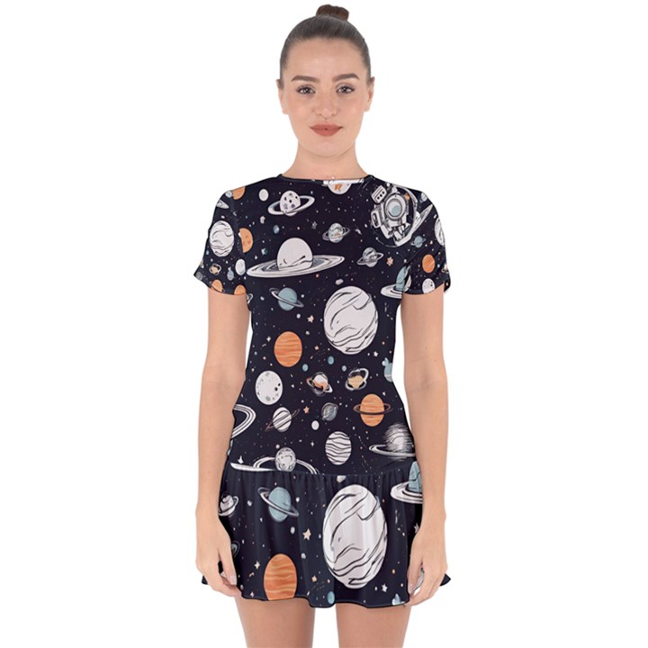 Space Galaxy Universe Stars Sky Drop Hem Mini Chiffon Dress