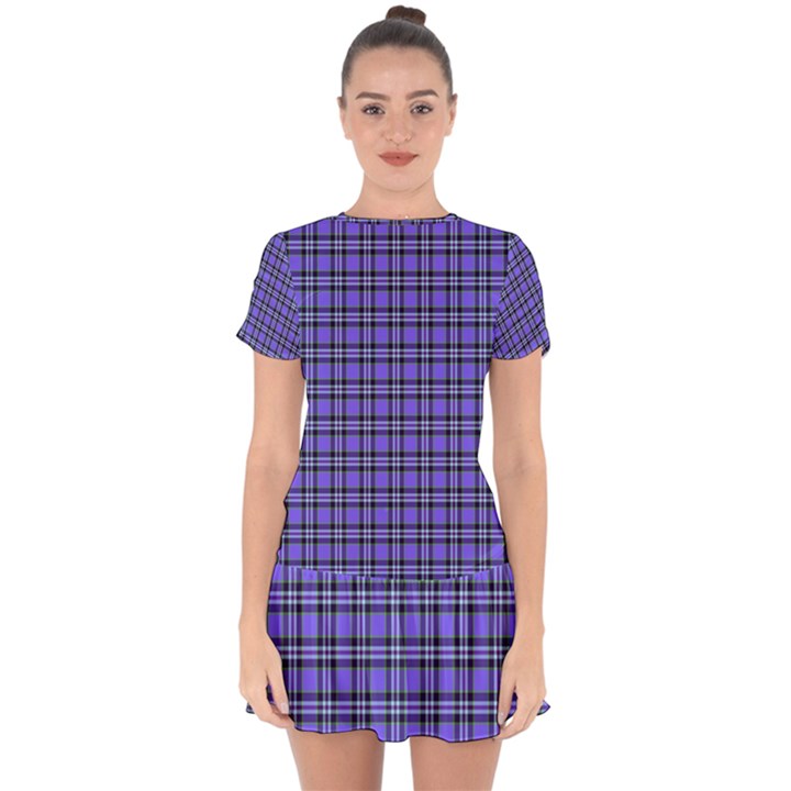 Blue Tartan Plaid 1 Drop Hem Mini Chiffon Dress