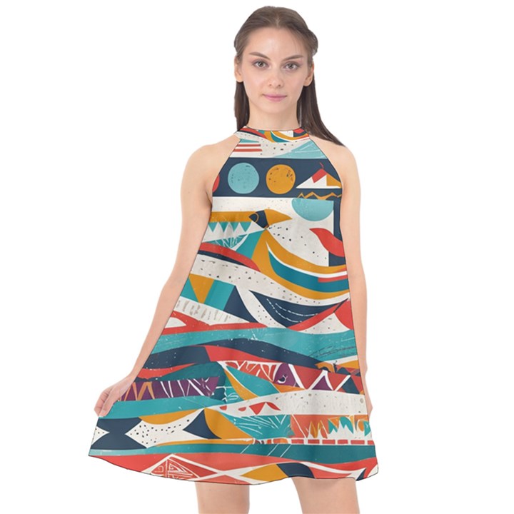 Tribal Collection 2 Halter Neckline Chiffon Dress 