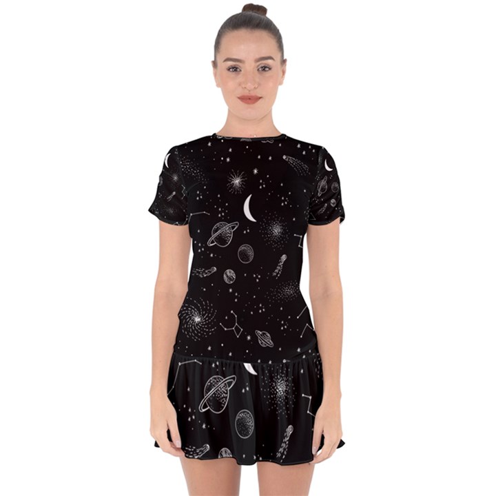 Cosmic Black Space Star Drop Hem Mini Chiffon Dress