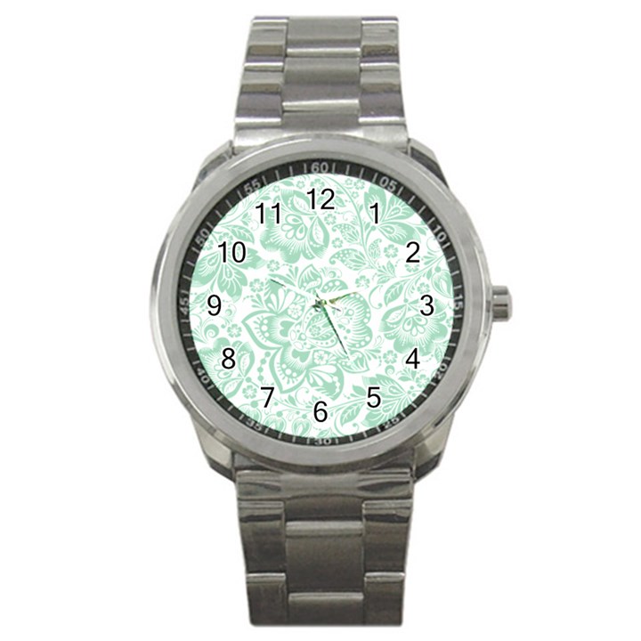 Mint green And White Baroque Floral Pattern Sport Metal Watches