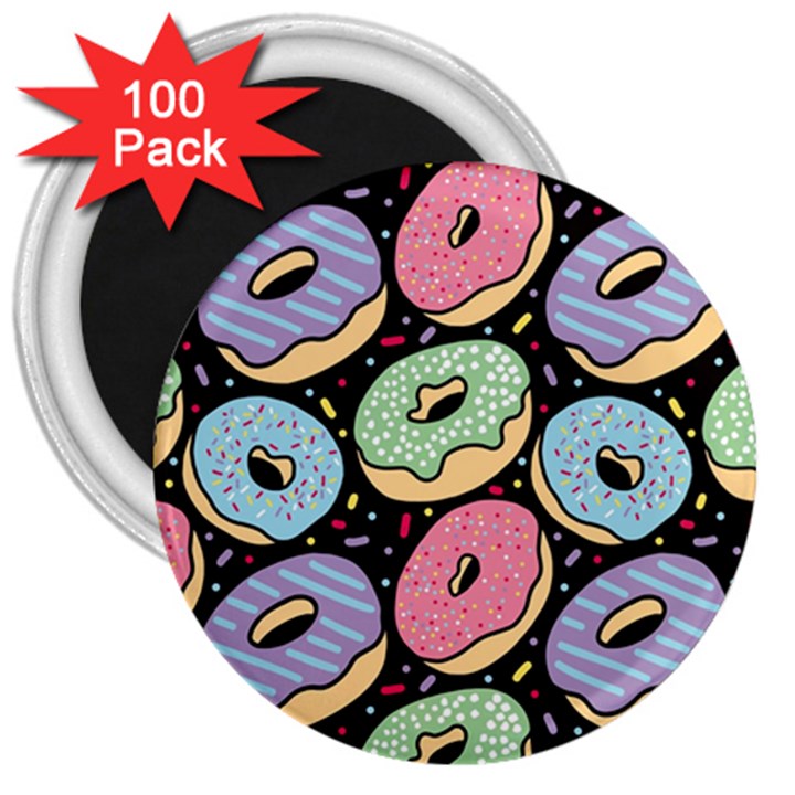 Colorful Donut Seamless Pattern On Black Vector 3  Magnets (100 pack)