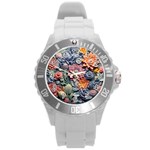 3d Flower Bloom Embossed Pattern Round Plastic Sport Watch (L) Front