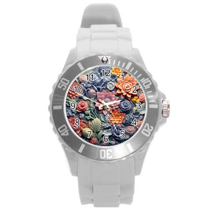 3d Flower Bloom Embossed Pattern Round Plastic Sport Watch (L)