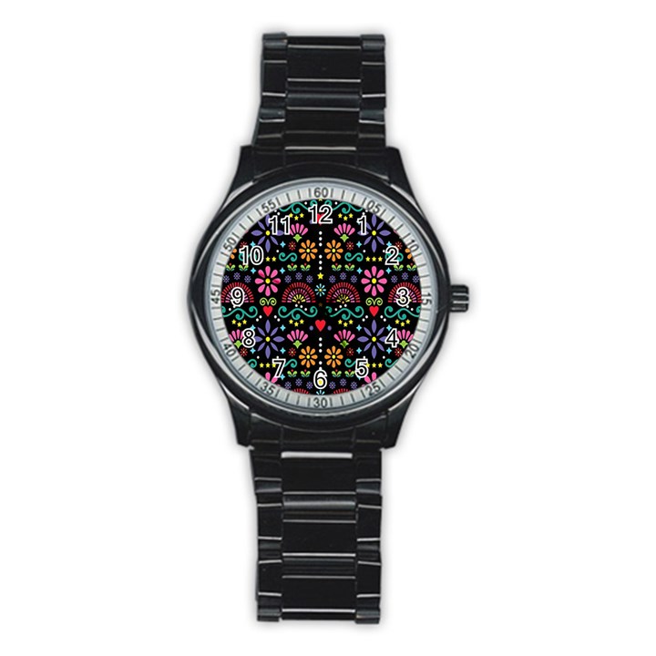 Mexican Folk Art Seamless Pattern Stainless Steel Round Watch